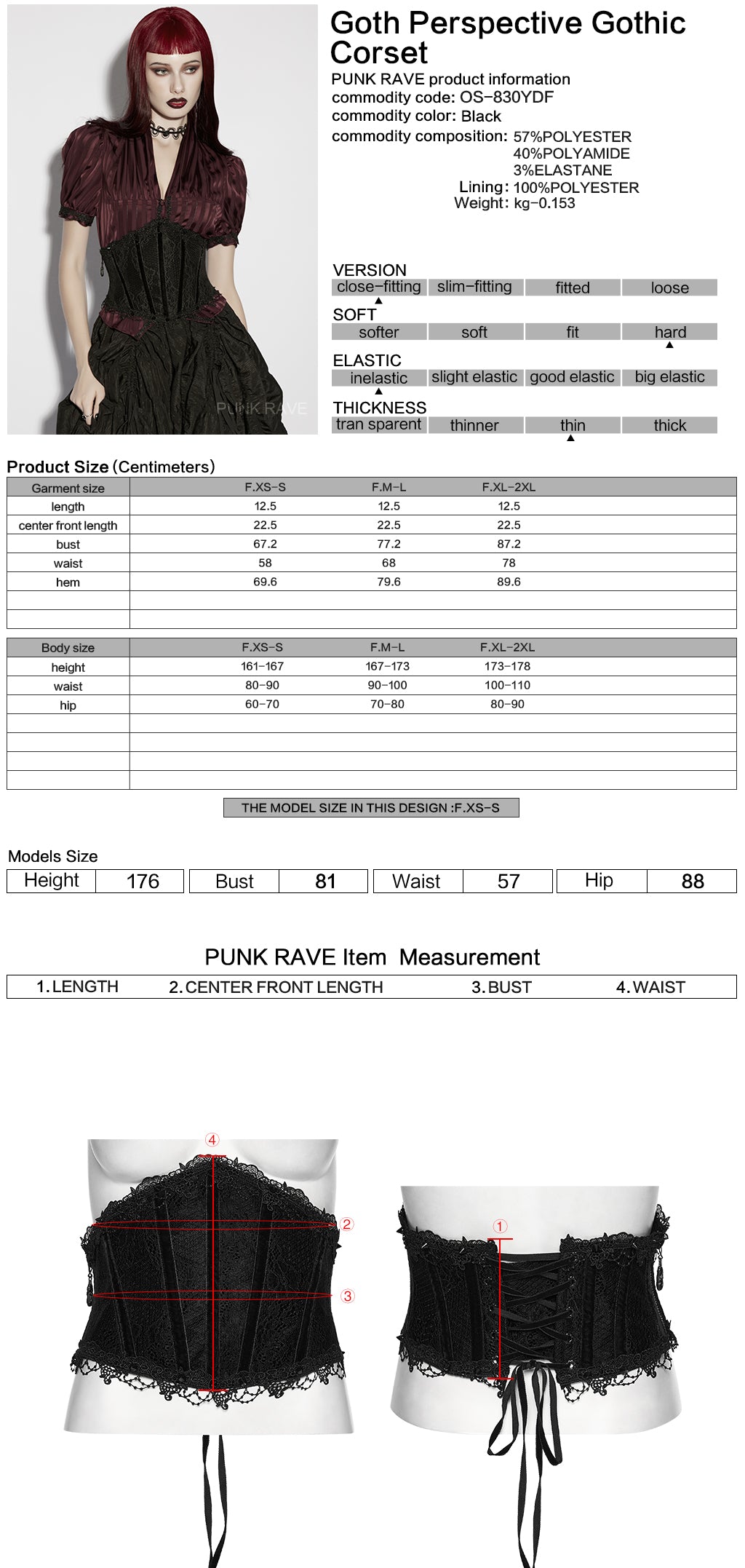 Gothic corset with measurement chart and size chart on a white background