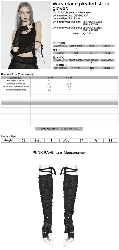 Goth fingerless strap gloves from Punk Rave, showcasing a post-apocalyptic design with pleated fabric and rivet detailing.