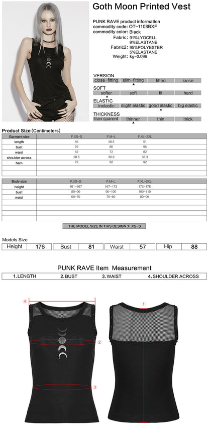 Goth moon vest product details including size chart and measurements for the Punk Rave Selene Printed Top.