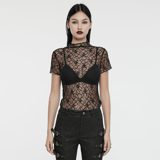 Punk Rave Women's Leona Gothic Lace Short Sleeve Top - Kate's Clothing