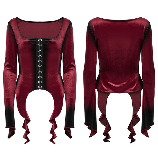 Punk Rave Leticia Burgundy Gradient Velvet Top with Feature Hooks and Eyes - Kate's Clothing