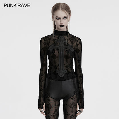 Punk Rave Morrigan Cross Embroidered Mesh Top