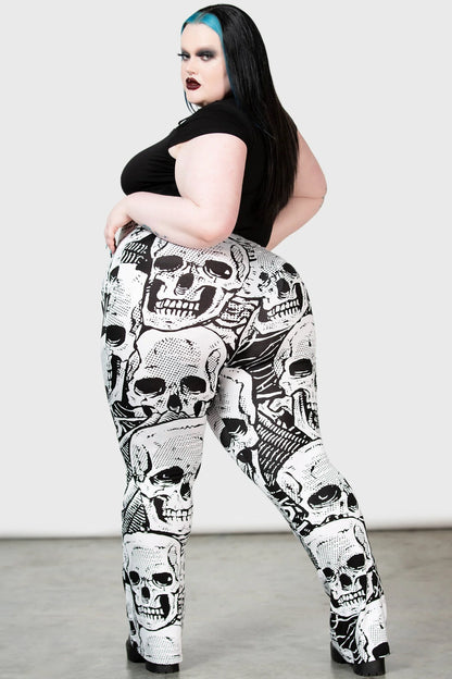 Killstar Plentiful Reap Bootcut Trousers with White Skull Print - Kate's Clothing