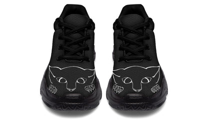 Black high-top sneakers with cat face designs on a white background