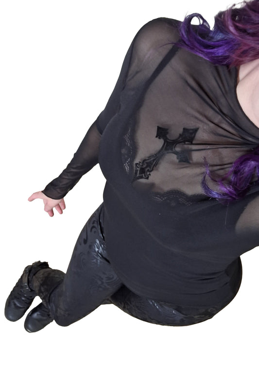 Punk Rave Apricity Sheer Top with Feature Cross - Kate's Clothing