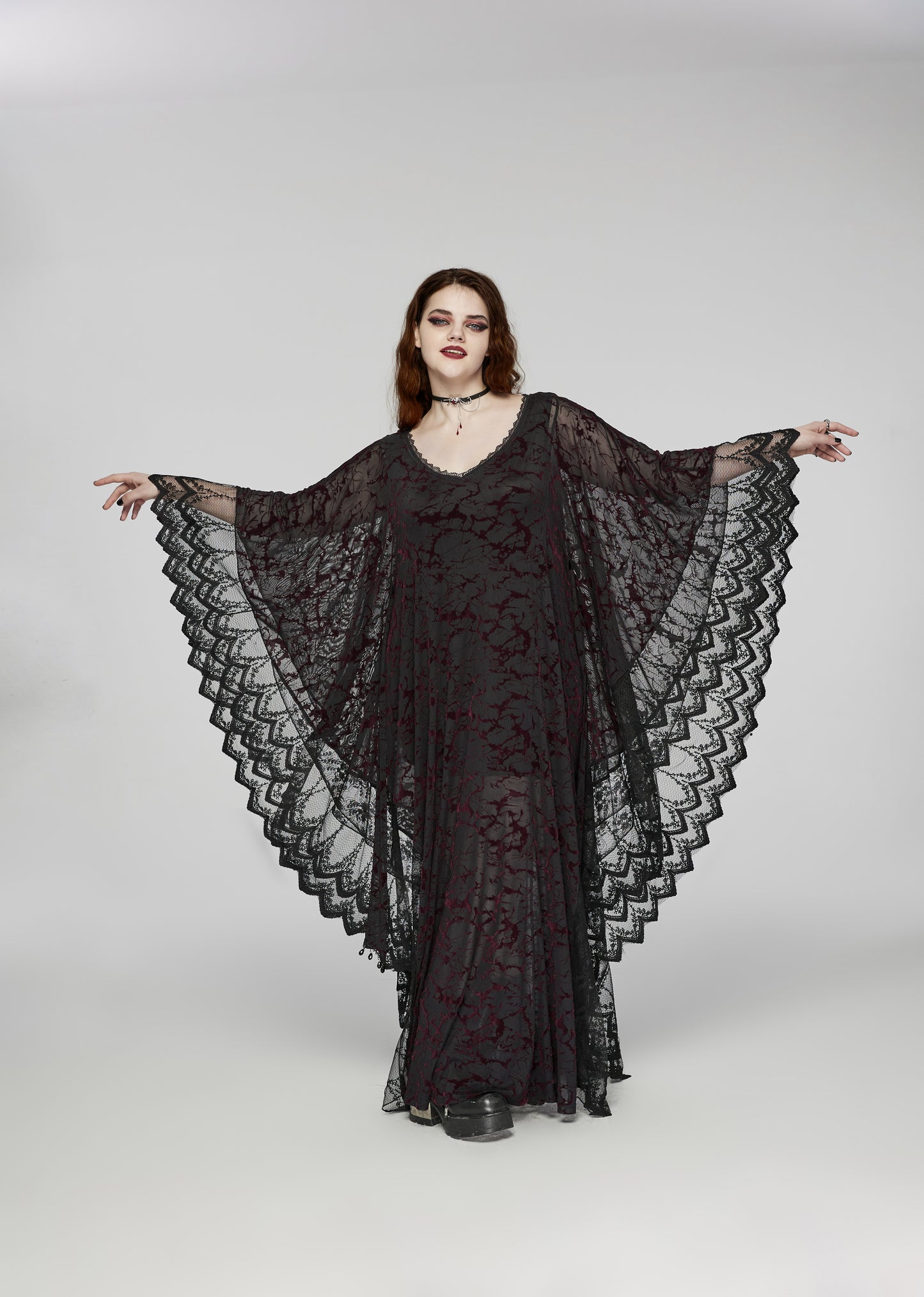 Punk Rave Plus Size Sabrina Black and Burgundy Bat Silhouette Dress - Kate's Clothing