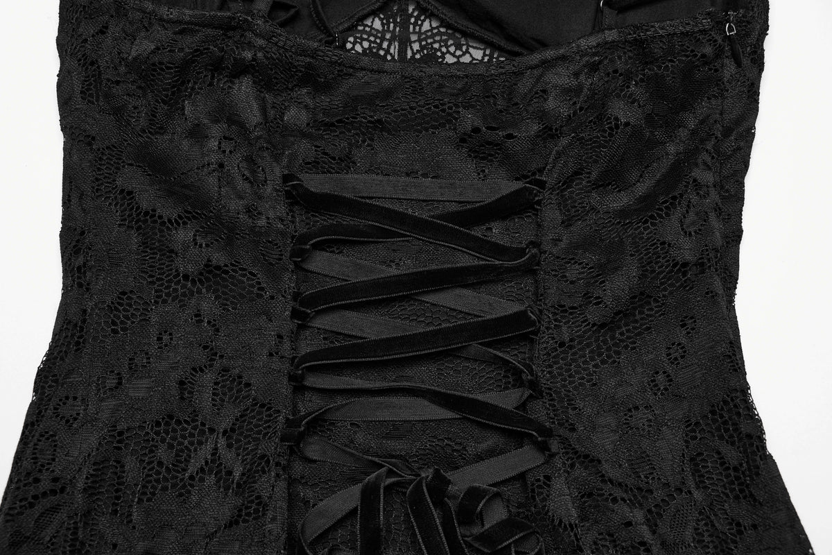 Punk Rave Aviva Gothic Lace Dress close-up of the velvet ribbon lace up feature on the back - Kate's Clothing