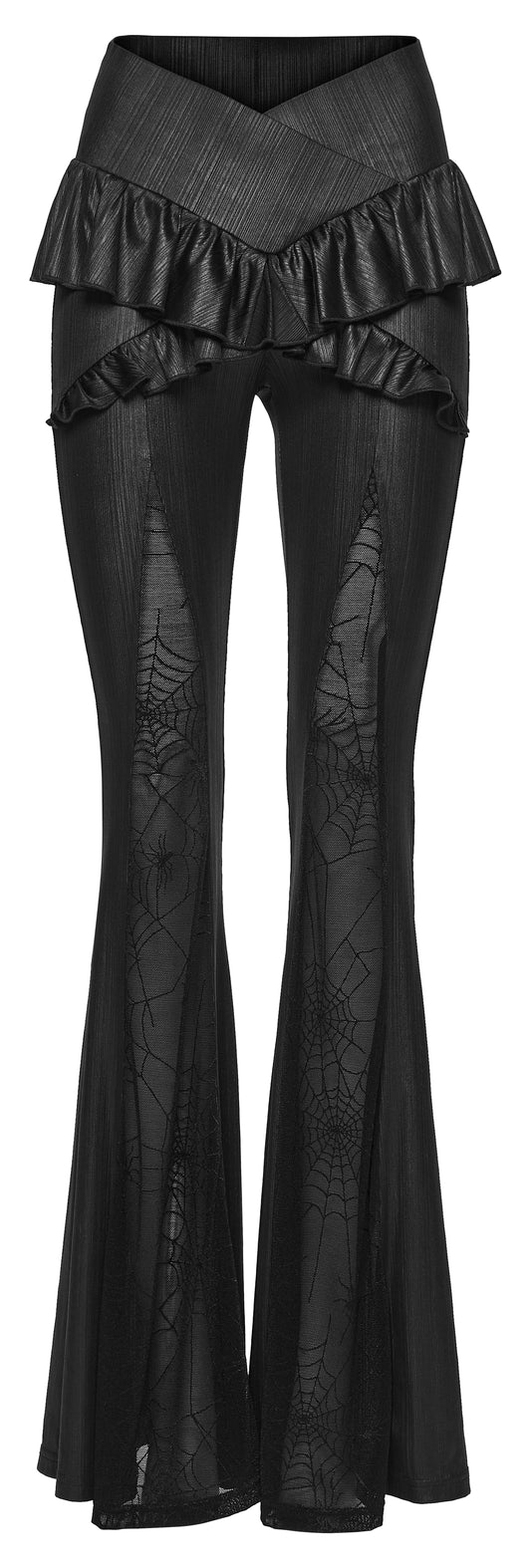 Punk Rave Bellatrix Goth Leggings Flaresl Alt Flared Trousers with Spiderweb Panels and Ruffled Waistband