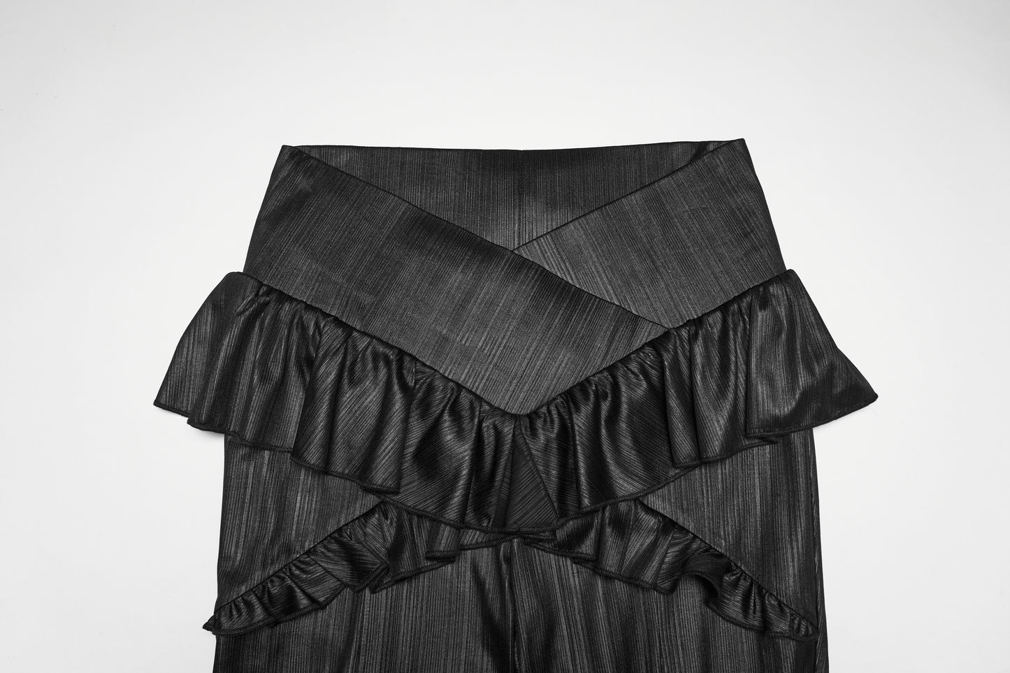 Punk Rave Bellatrix Goth Leggings Flares - Spiderweb Panel Alt Flared Trousers closeup of ruffled waistband
