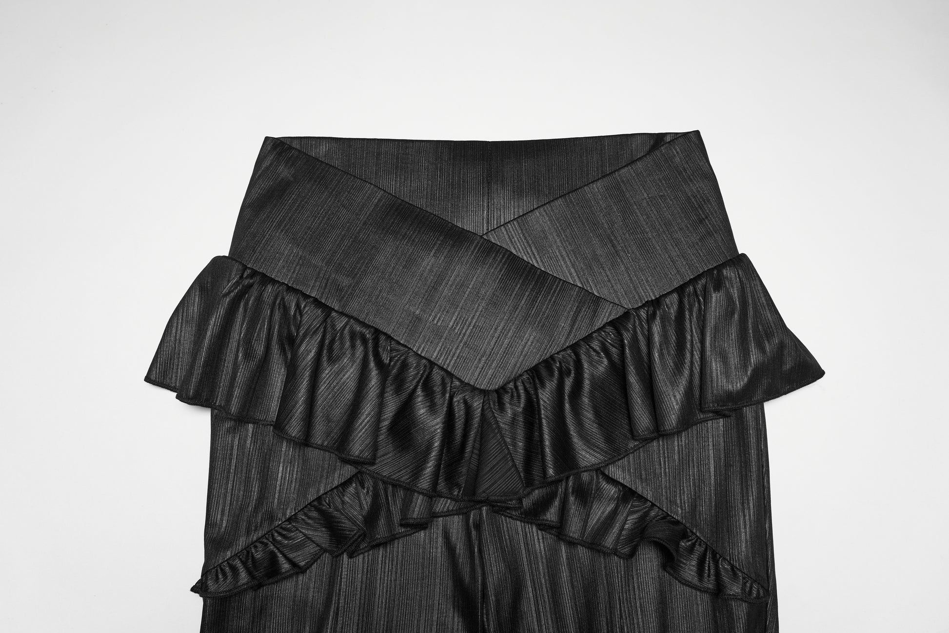 Punk Rave Bellatrix Goth Leggings Flares - Spiderweb Panel Alt Flared Trousers closeup of ruffled waistband