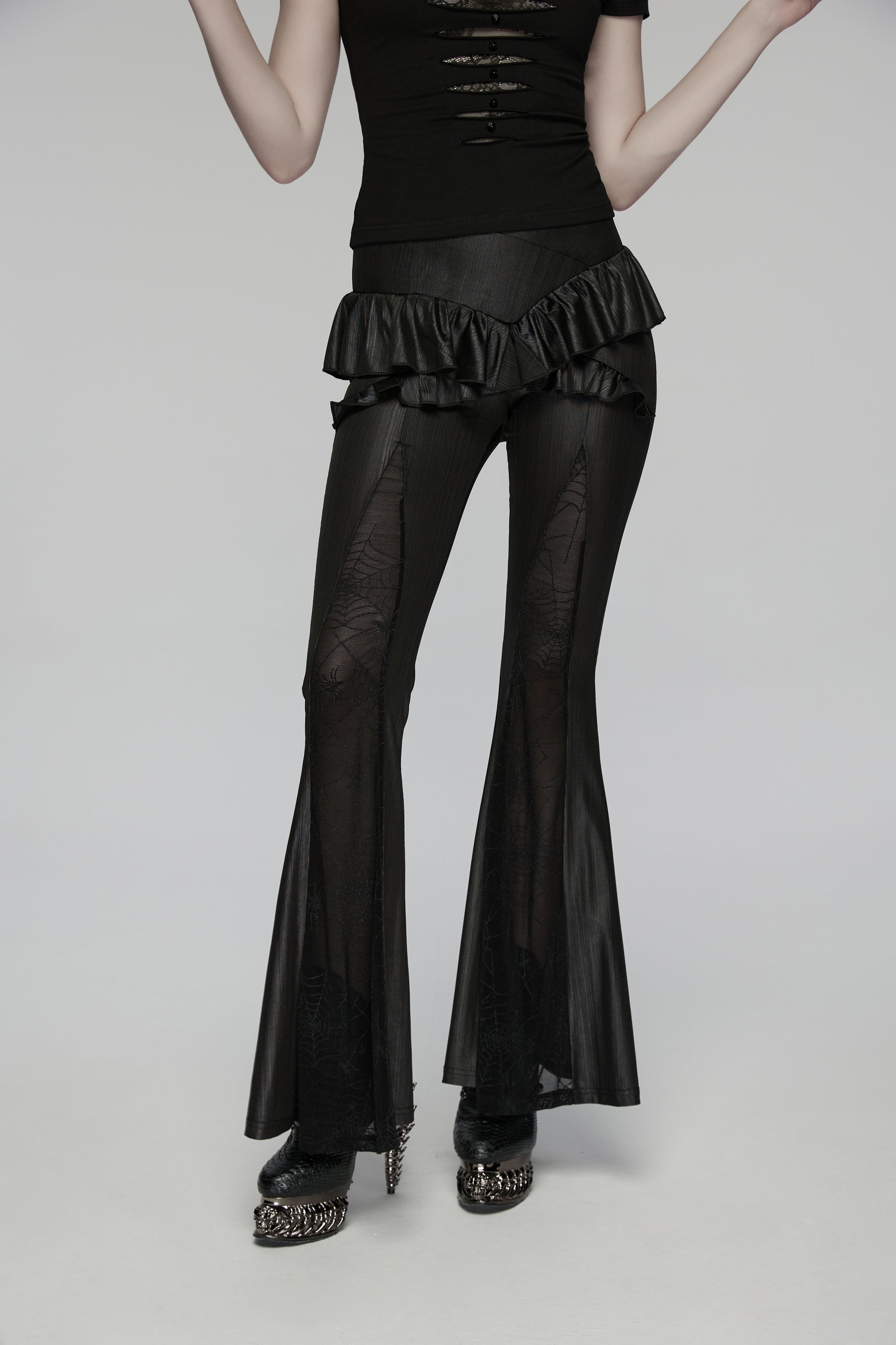 Punk Rave Bellatrix Goth Leggings Flares - Spiderweb Panel Alt Flared Trousers on model