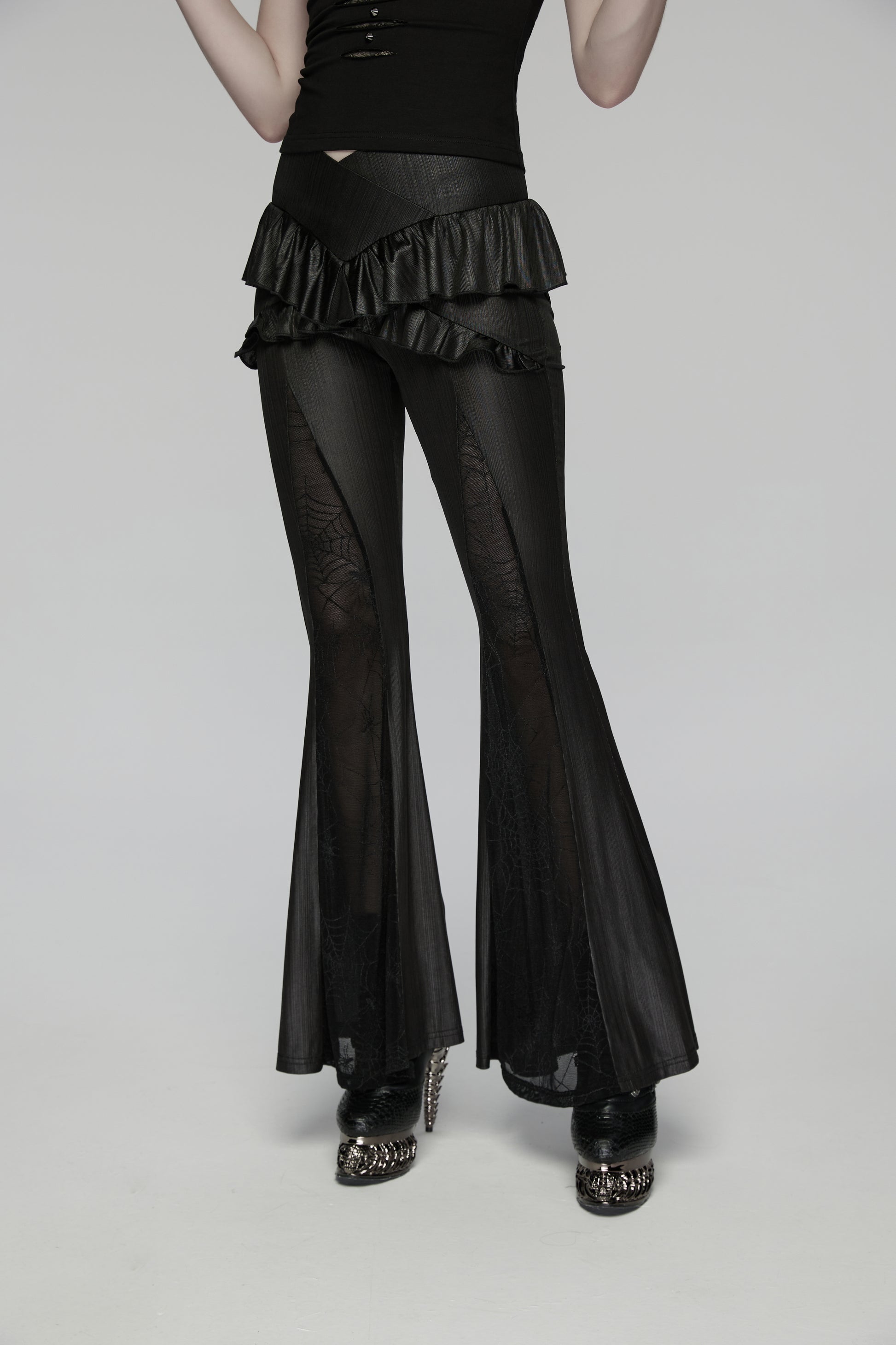 Punk Rave Bellatrix Goth Leggings Flares  Spiderweb Panel Alt Flared Trousers shown on a model