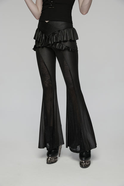 Punk Rave Bellatrix Goth Leggings Flares  Spiderweb Panel Alt Flared Trousers shown on a model
