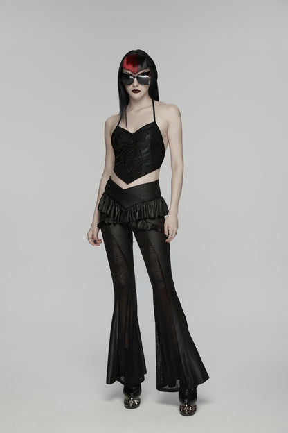 Model wearing a black Punk Rave Bellatrix Goth Leggings Flares - Spiderweb Panel Alt Flared Trousers