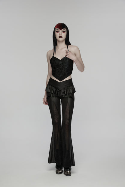 Model wearing Punk Rave Bellatrix Goth Leggings Flares with Spiderweb Panel