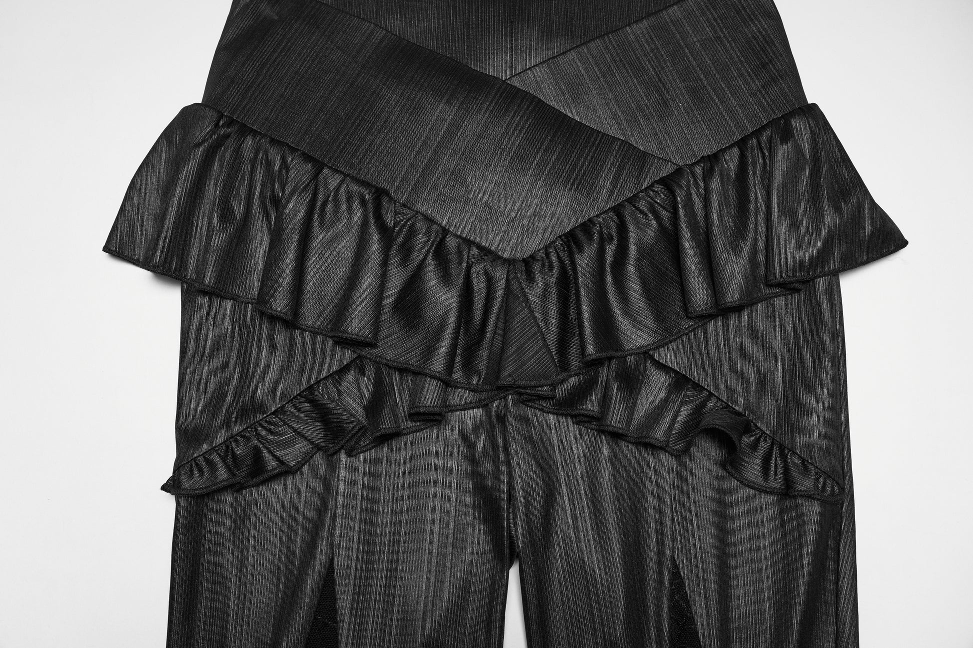 Punk Rave Bellatrix Goth Leggings Flares - Spiderweb Panel Alt Flared Trousers closeup of waistband ruffles