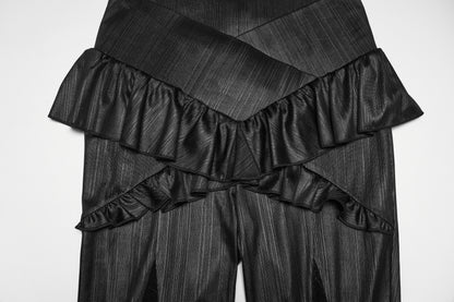 Punk Rave Bellatrix Goth Leggings Flares - Spiderweb Panel Alt Flared Trousers closeup of waistband ruffles