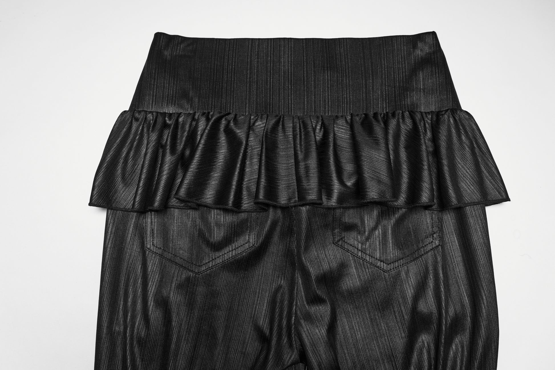 Punk Rave Bellatrix Goth Leggings Flares - Spiderweb Panel Alt Flared Trousers back view of waistband ruffles