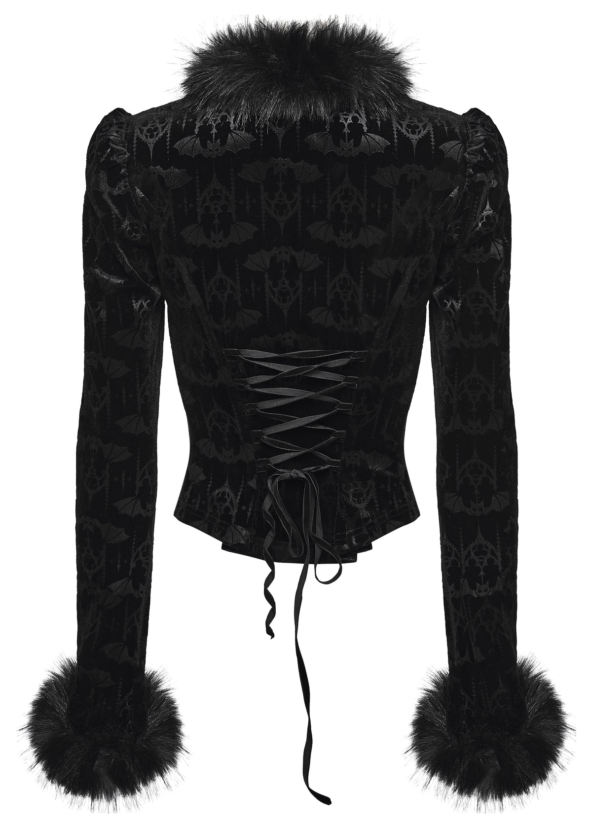 Back view of a black long-sleeve gothic-style jacket featuring a high collar with bat patterned velvet, black fur trim, a lace-up corset back, and matching black fur trim at the cuffs, shown against a plain white background.