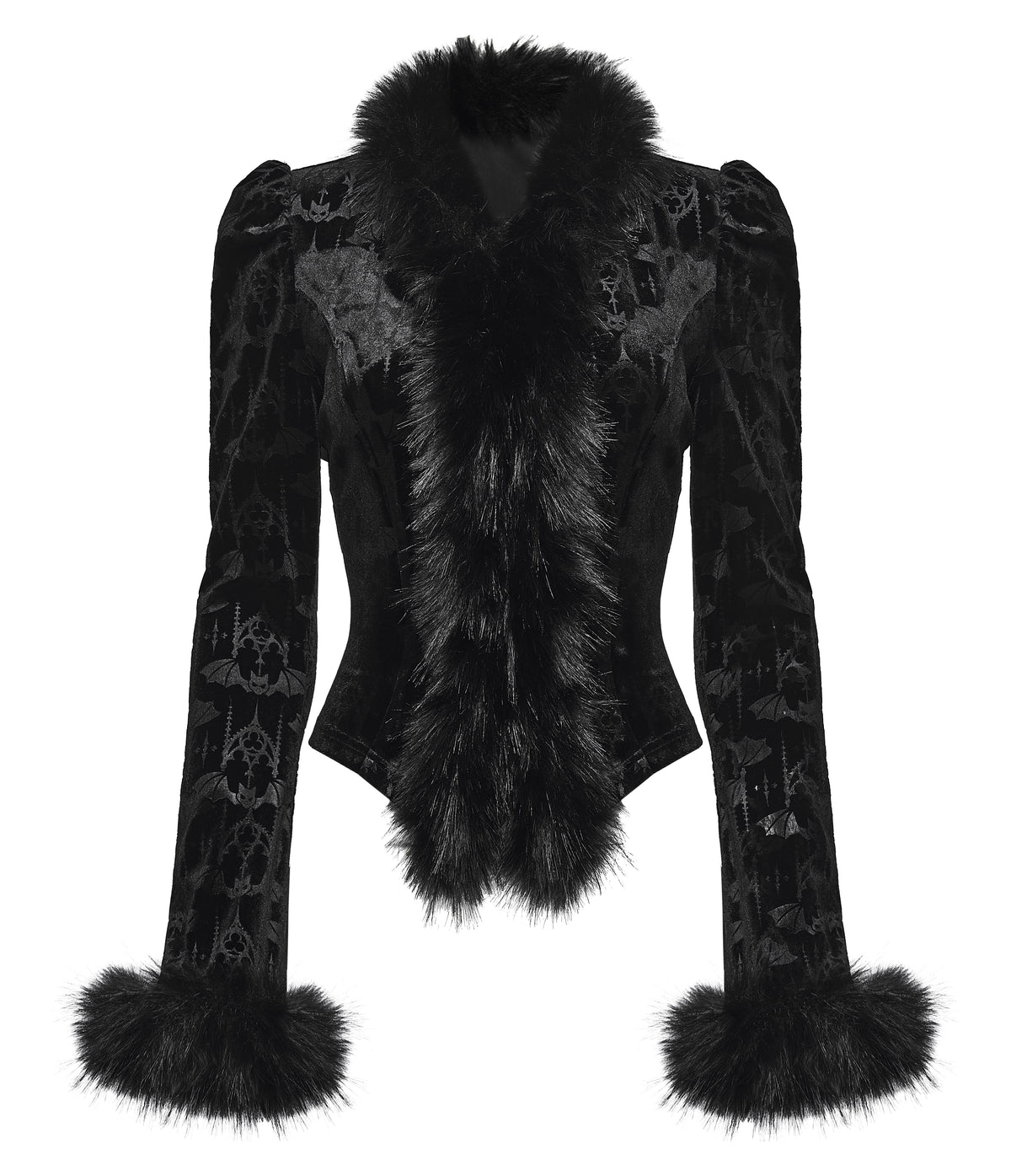 Black long-sleeve gothic-style jacket featuring a high collar with bat patterned velvet, black fur trim, a lace-up corset back, and matching black fur trim at the cuffs, shown against a plain white background.