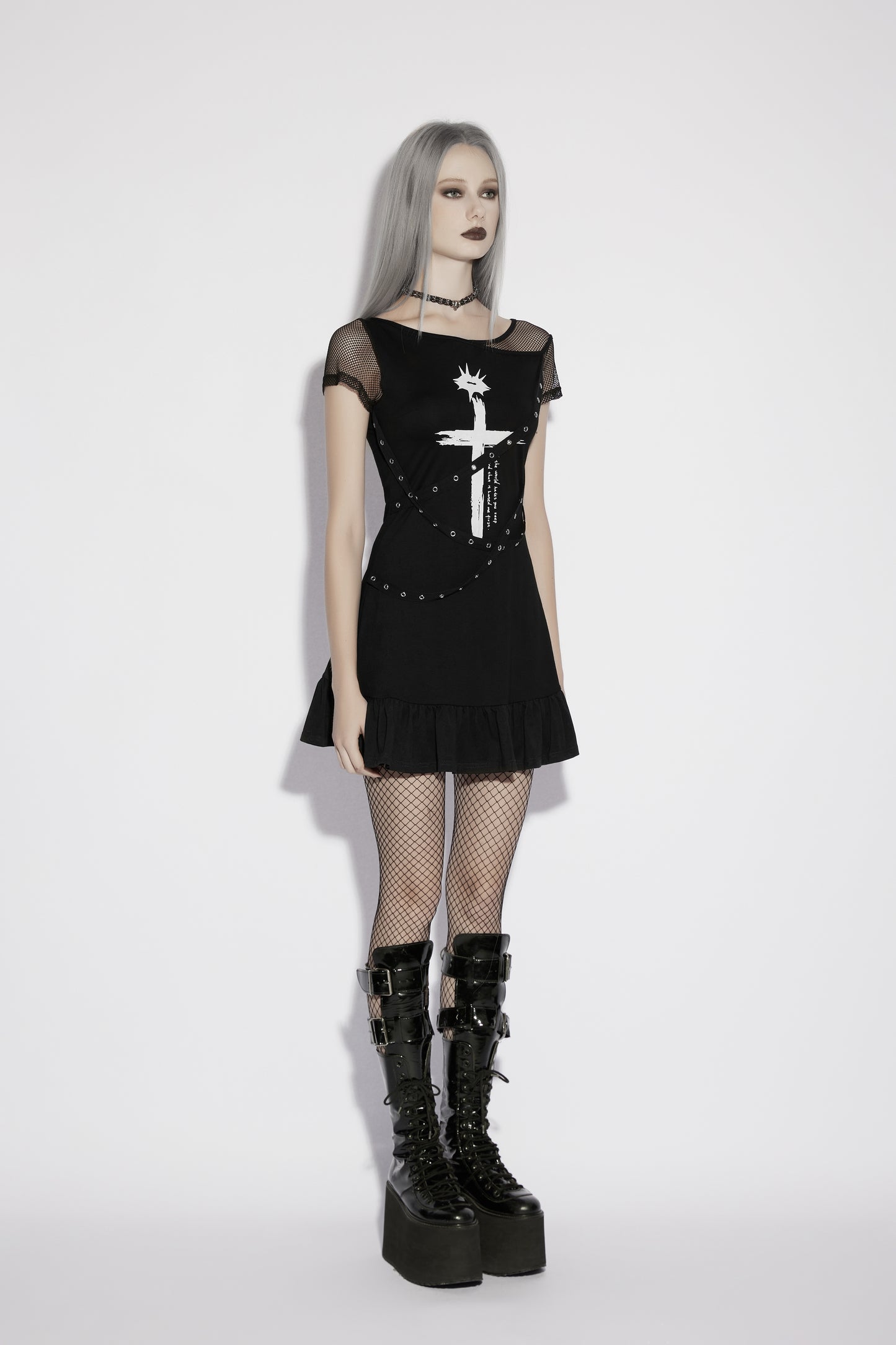 Distressed cross graphic Goth dress by Punk Rave