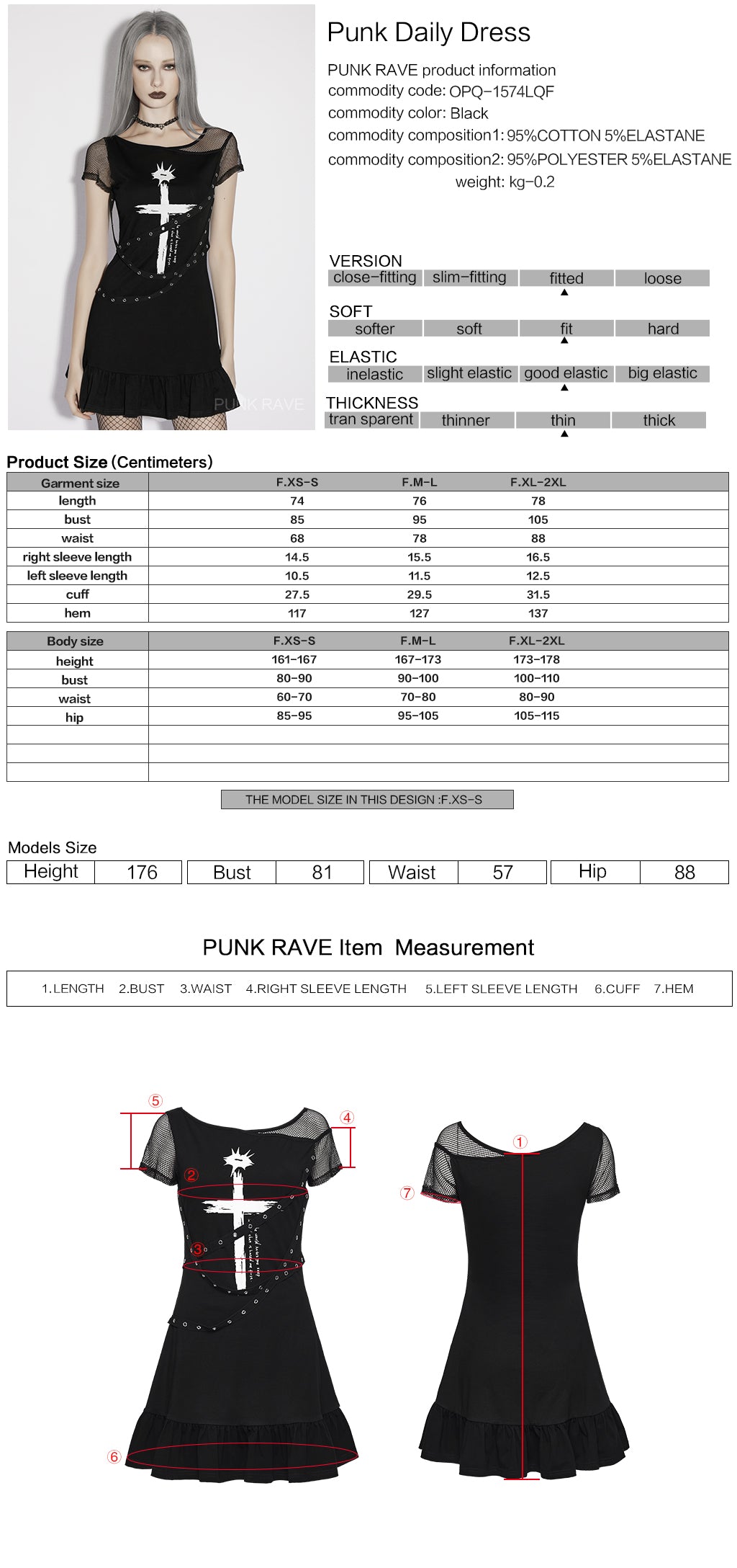 Punk Rave Elara dress with gothic script and cross print size guide