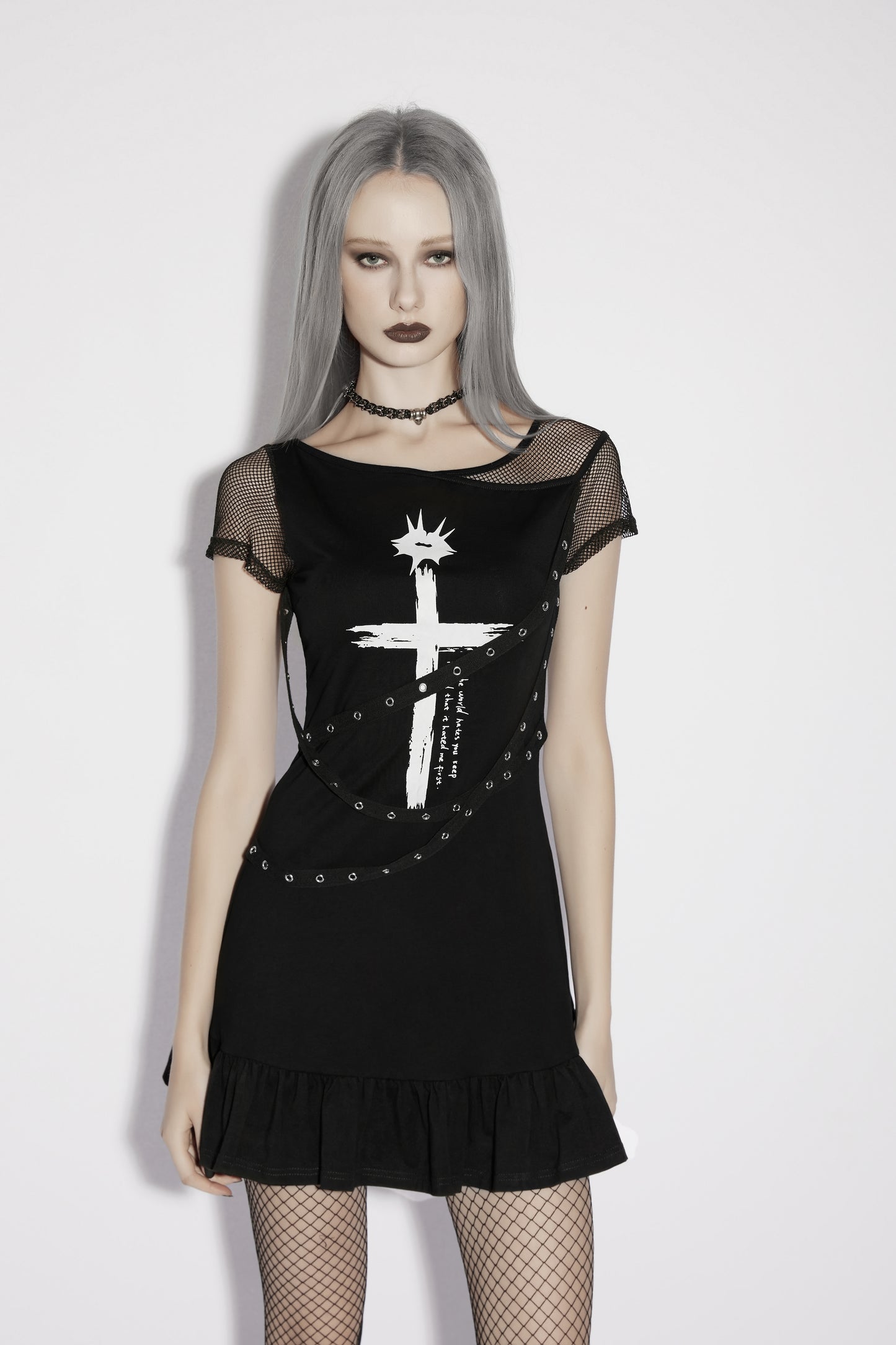 Punk Rave Elara black punk dress with white cross print