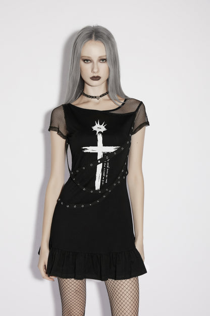 Punk Rave Elara black punk dress with white cross print