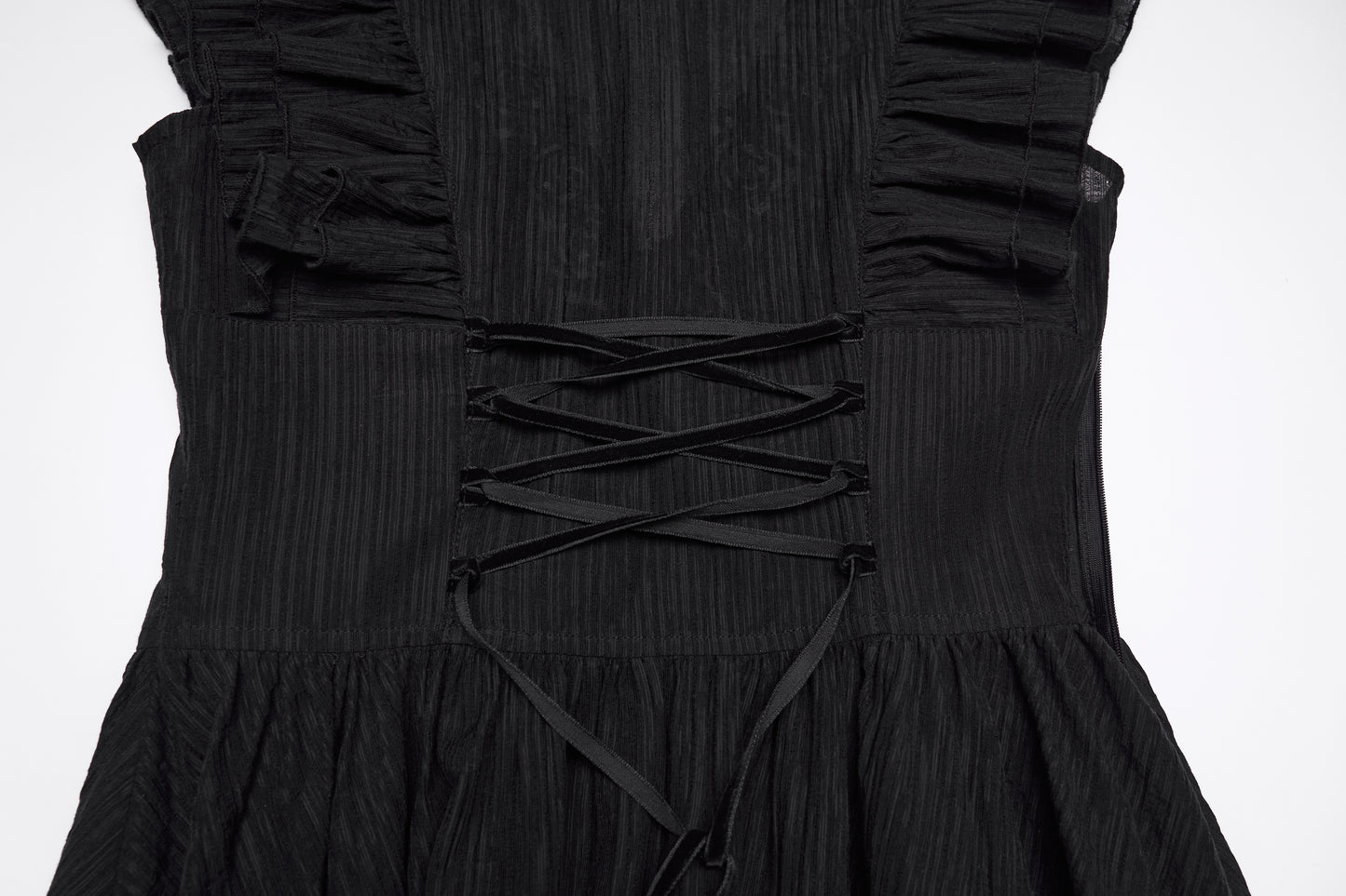 Close-up view of the back lace-up detail of the Punk Rave Elowen goth romantic v-neck dress.
