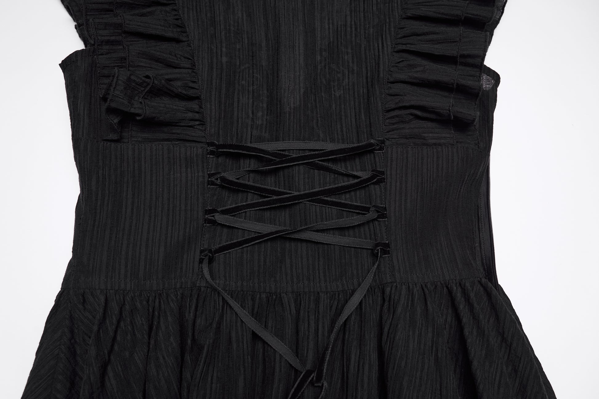 Close-up view of the back lace-up detail of the Punk Rave Elowen goth romantic v-neck dress.