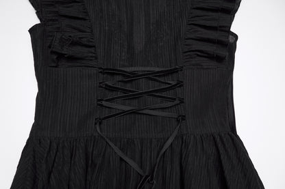Close-up view of the back lace-up detail of the Punk Rave Elowen goth romantic v-neck dress.