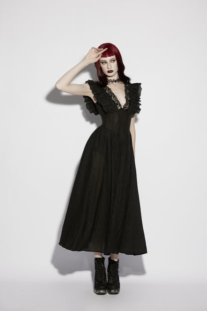 Model wearing Punk Rave Elowen Goth Romantic V-Neck Flying Sleeve Dress featuring ruffled sleeves and a deep V-neckline.