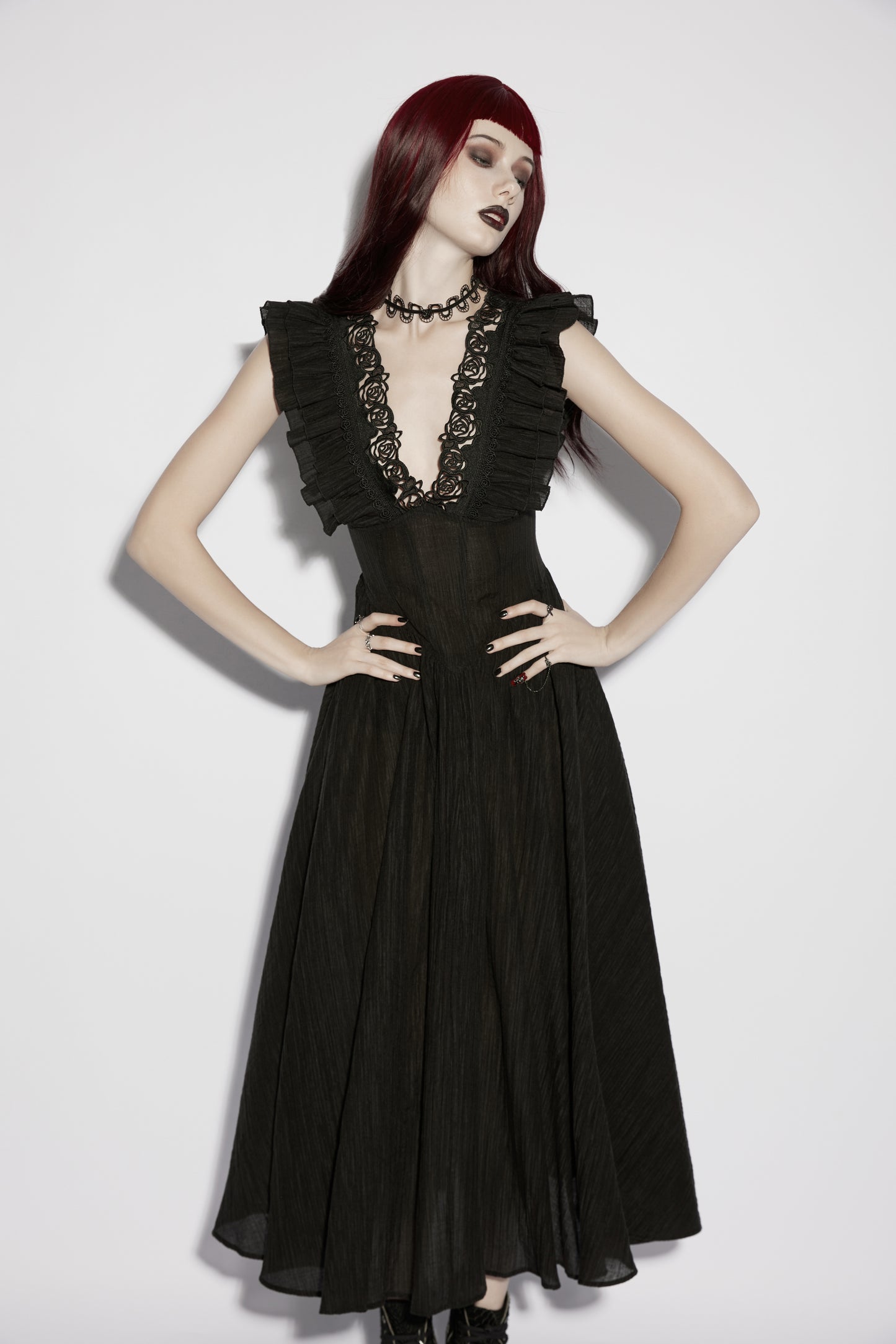 Punk Rave Elowen Goth Romantic V-Neck Flying Sleeve Dress on a model, showcasing its dark elegance and lace detailing.