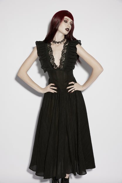 Punk Rave Elowen Goth Romantic V-Neck Flying Sleeve Dress on a model, showcasing its dark elegance and lace detailing.