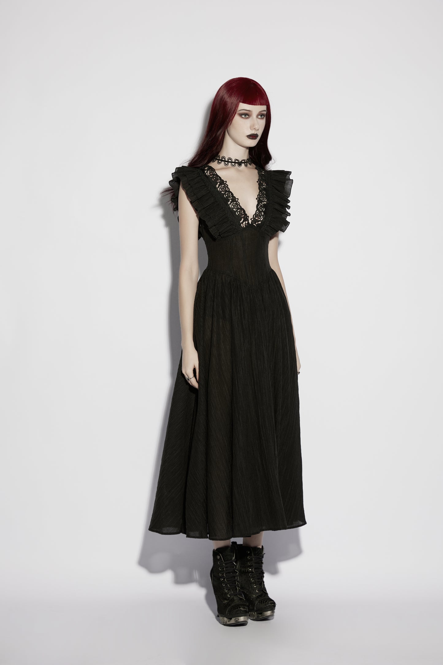 Punk Rave Elowen Goth Romantic V-Neck Flying Sleeve Dress displayed on a mannequin with dramatic styling.