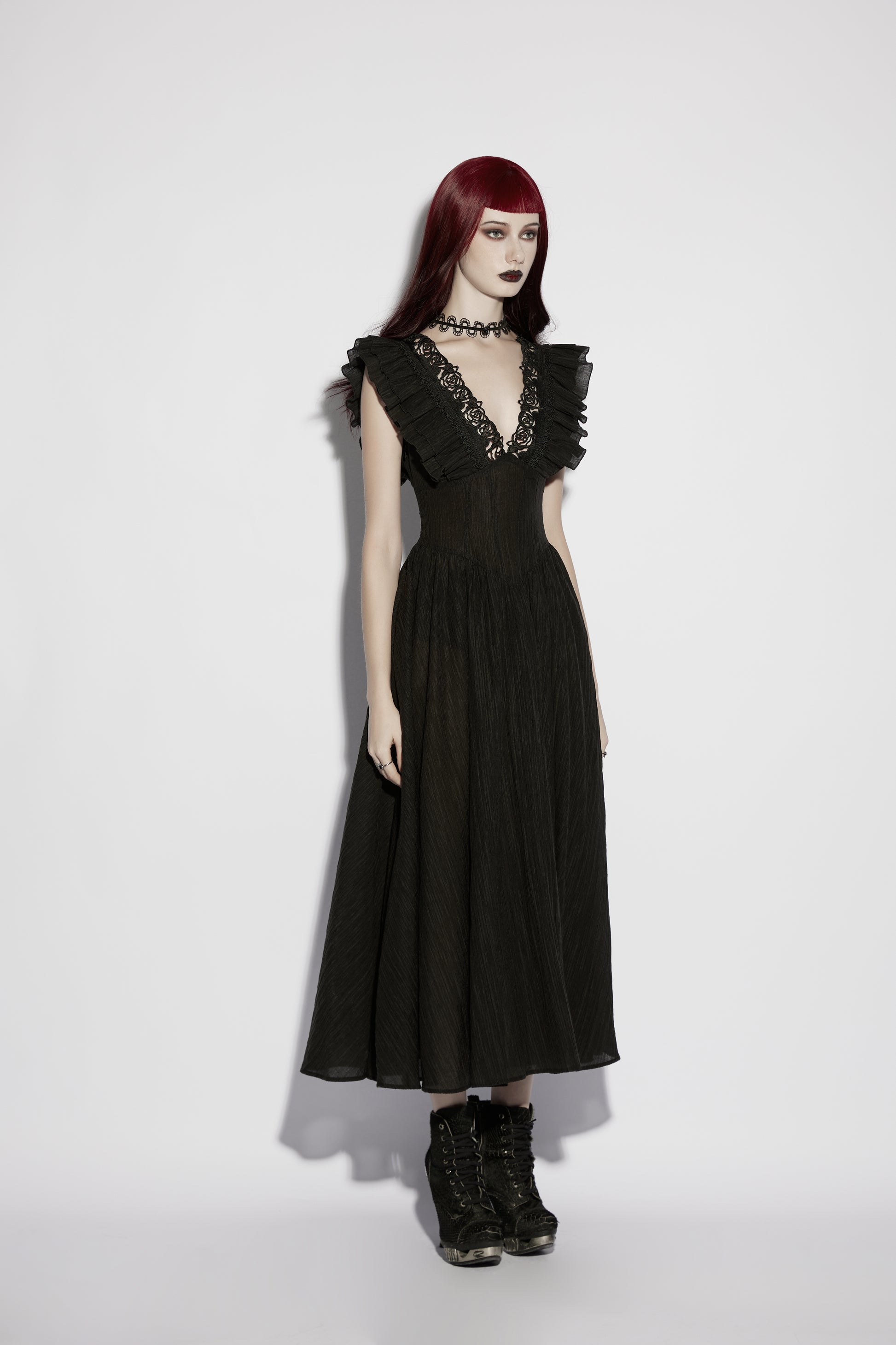 Punk Rave Elowen Goth Romantic V-Neck Flying Sleeve Dress displayed on a mannequin with dramatic styling.