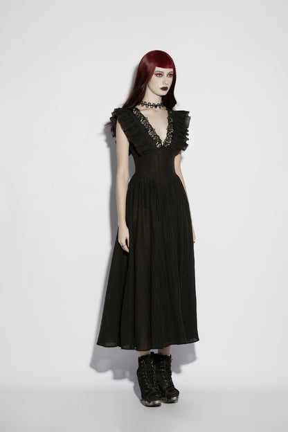 Punk Rave Elowen Goth Romantic V-Neck Flying Sleeve Dress displayed on a mannequin with dramatic styling.