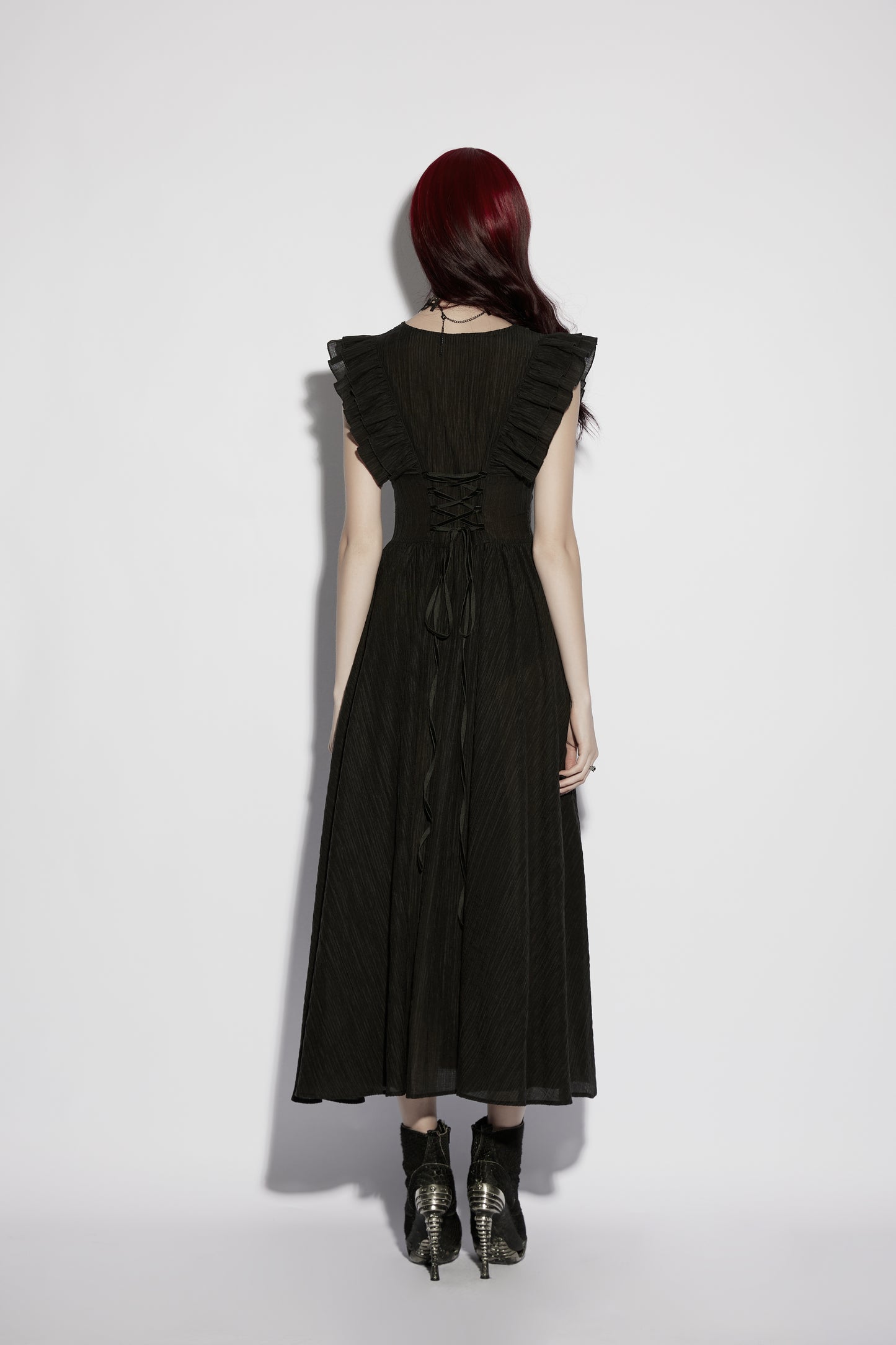 Back view of the Punk Rave Elowen goth romantic v-neck dress with flowing sleeves