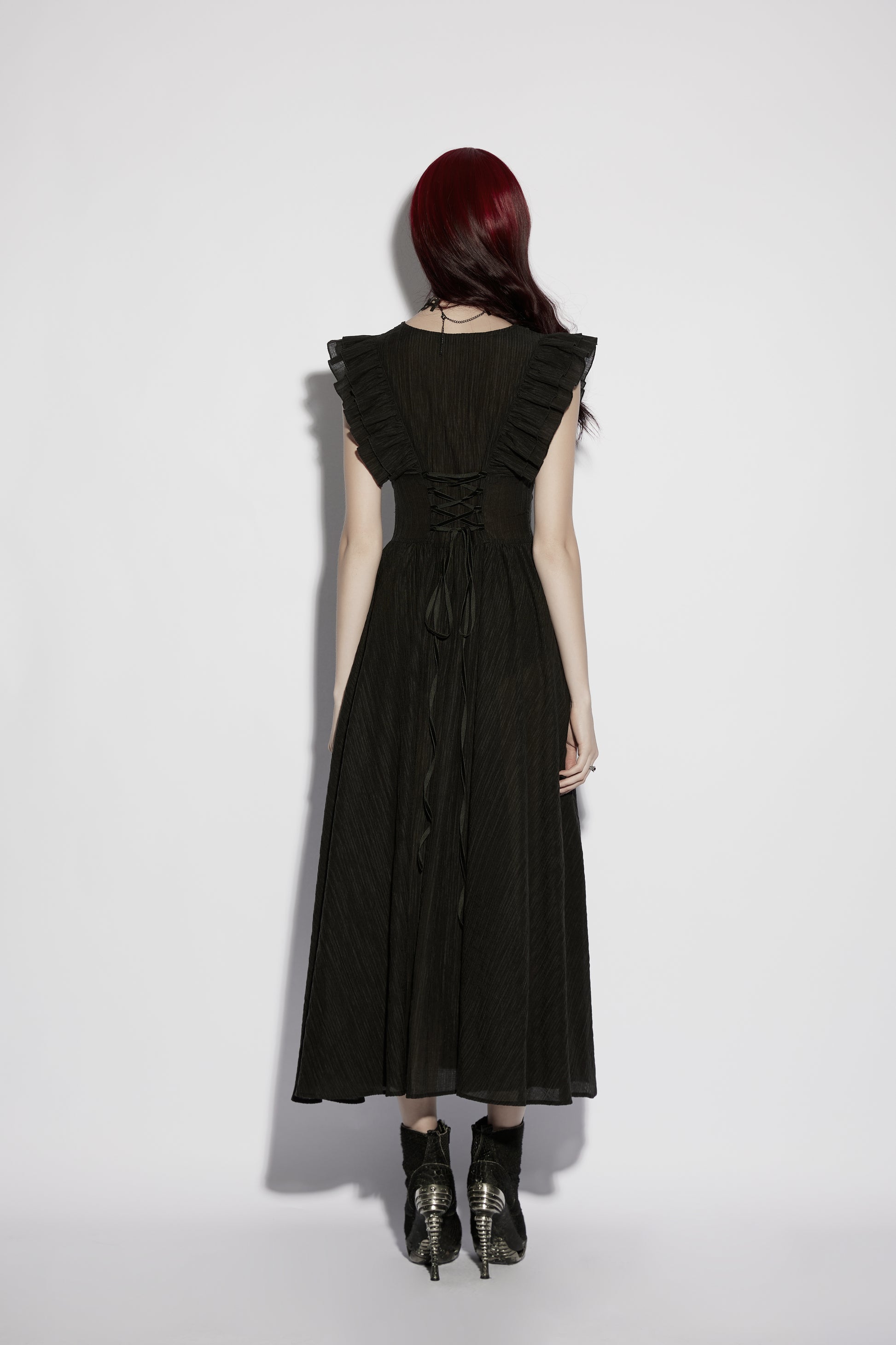 Back view of the Punk Rave Elowen goth romantic v-neck dress with flowing sleeves