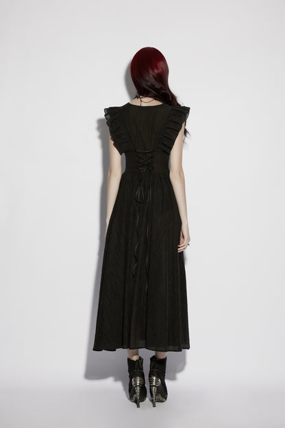 Back view of the Punk Rave Elowen goth romantic v-neck dress with flowing sleeves