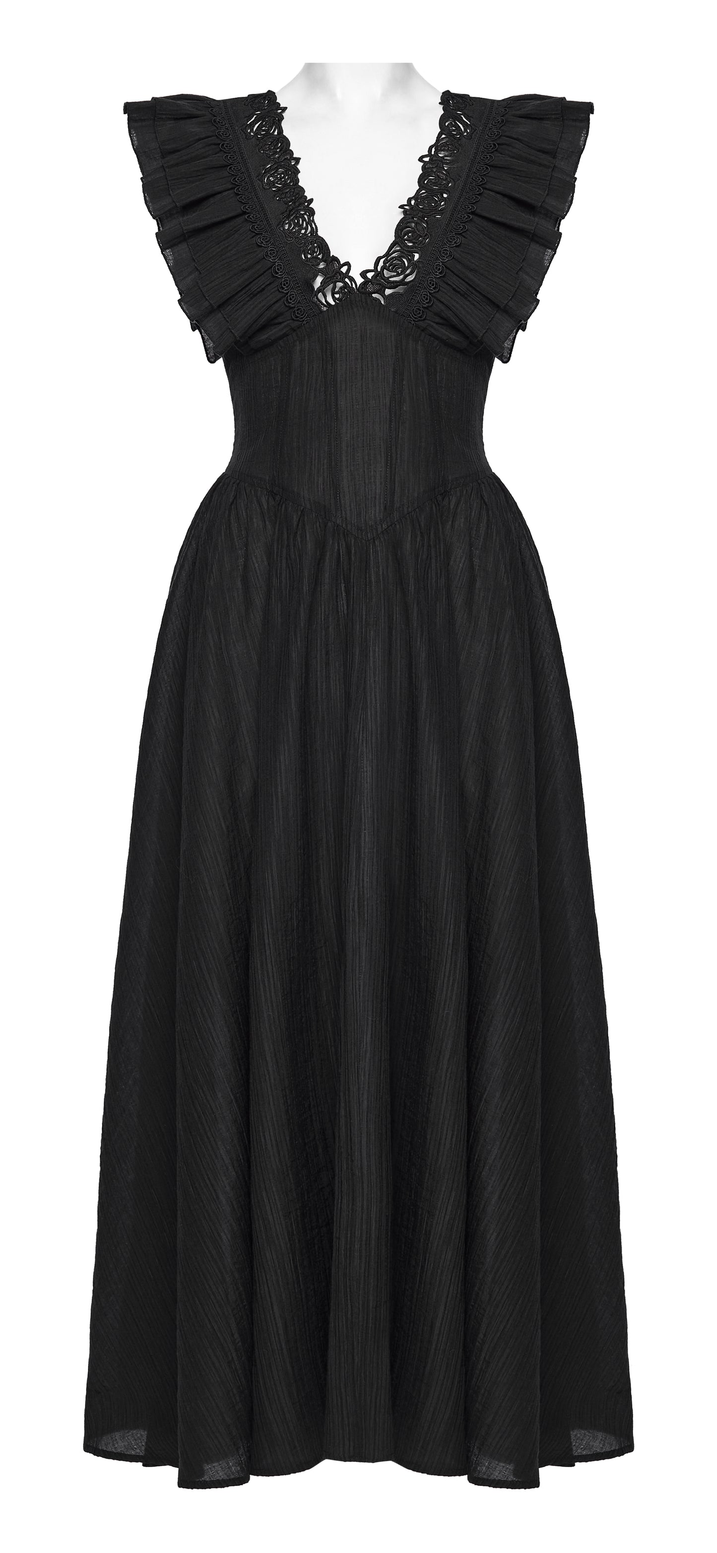 Punk Rave Elowen goth romantic v-neck dress with flying sleeves and lace detailing in elegant black fabric.