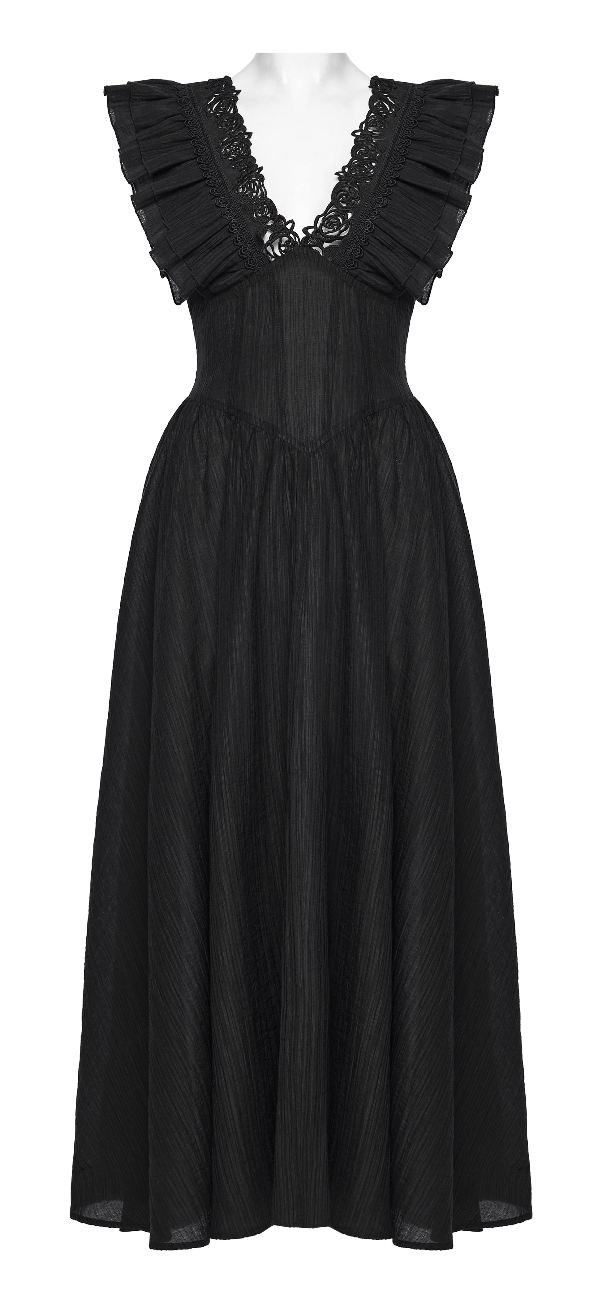 Punk Rave Elowen goth romantic v-neck dress with flying sleeves and lace detailing in elegant black fabric.