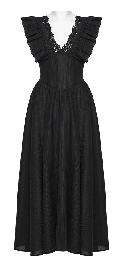 Punk Rave Elowen goth romantic v-neck dress with flying sleeves and lace detailing in elegant black fabric.