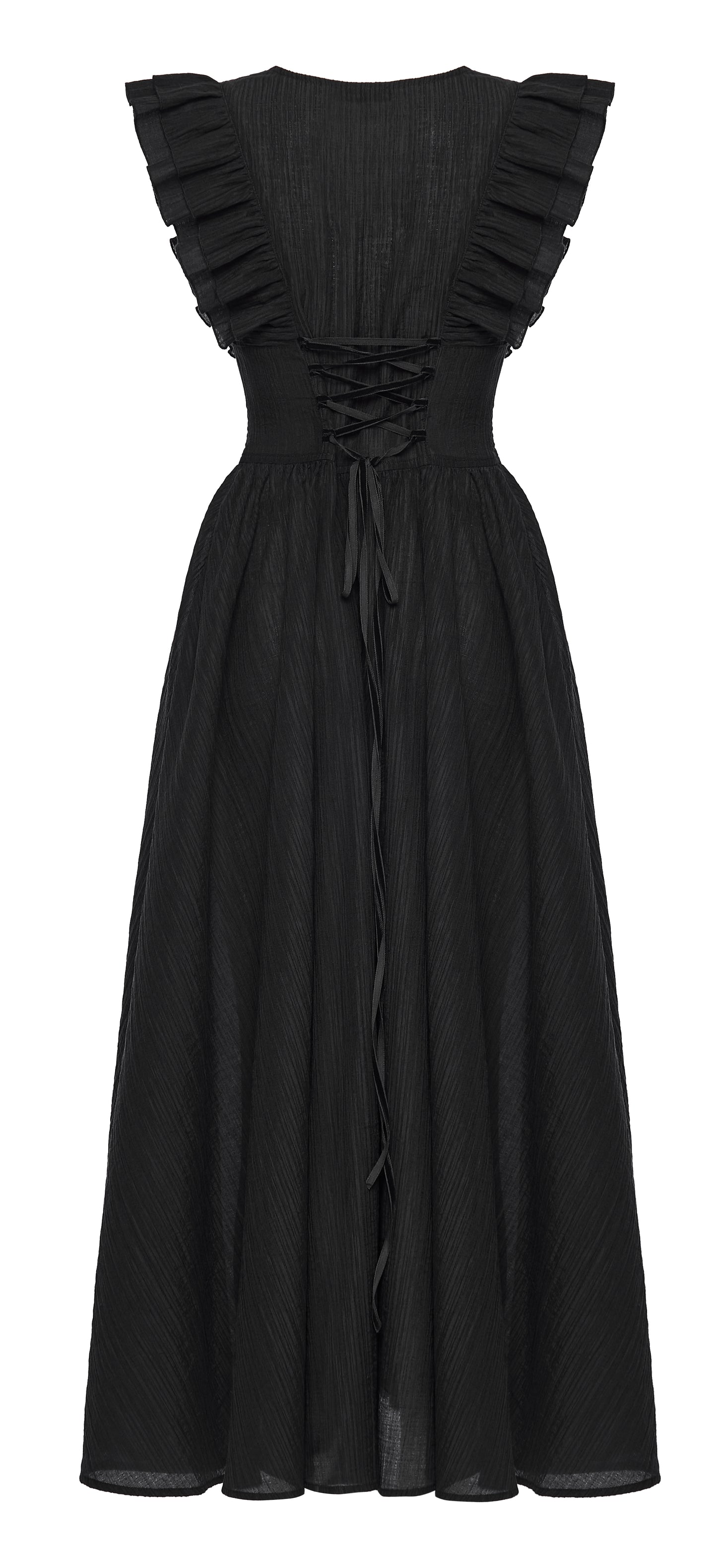 Punk Rave Elowen goth romantic v-neck dress with flying sleeves and lace-up back design.