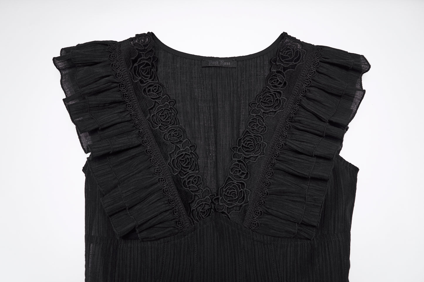 Punk Rave Elowen goth romantic v-neck dress featuring lace and ruffled flying sleeves in elegant black fabric.