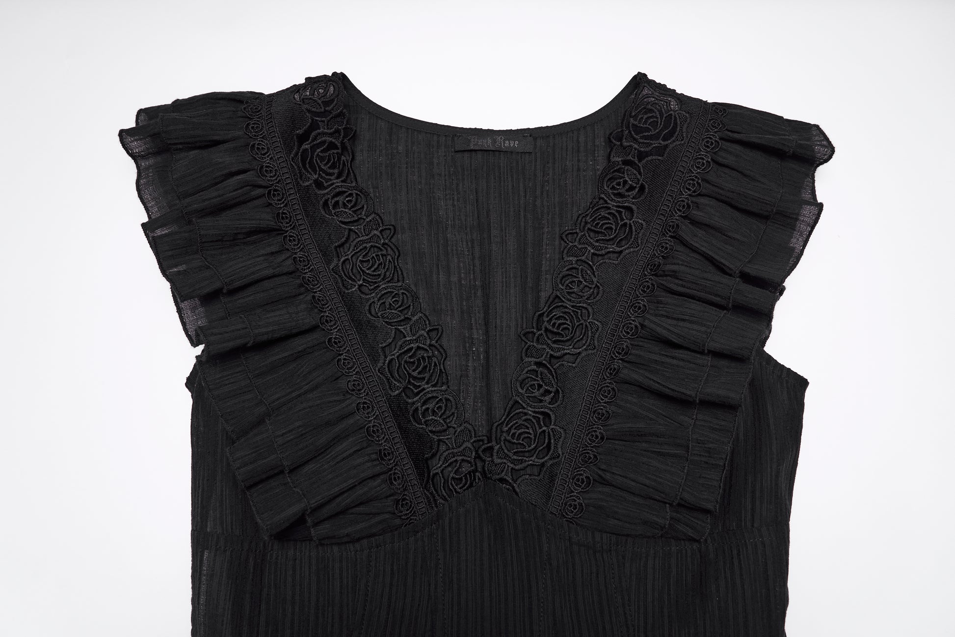 Punk Rave Elowen goth romantic v-neck dress featuring lace and ruffled flying sleeves in elegant black fabric.