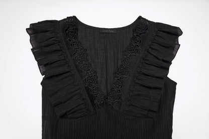 Punk Rave Elowen goth romantic v-neck dress featuring lace and ruffled flying sleeves in elegant black fabric.