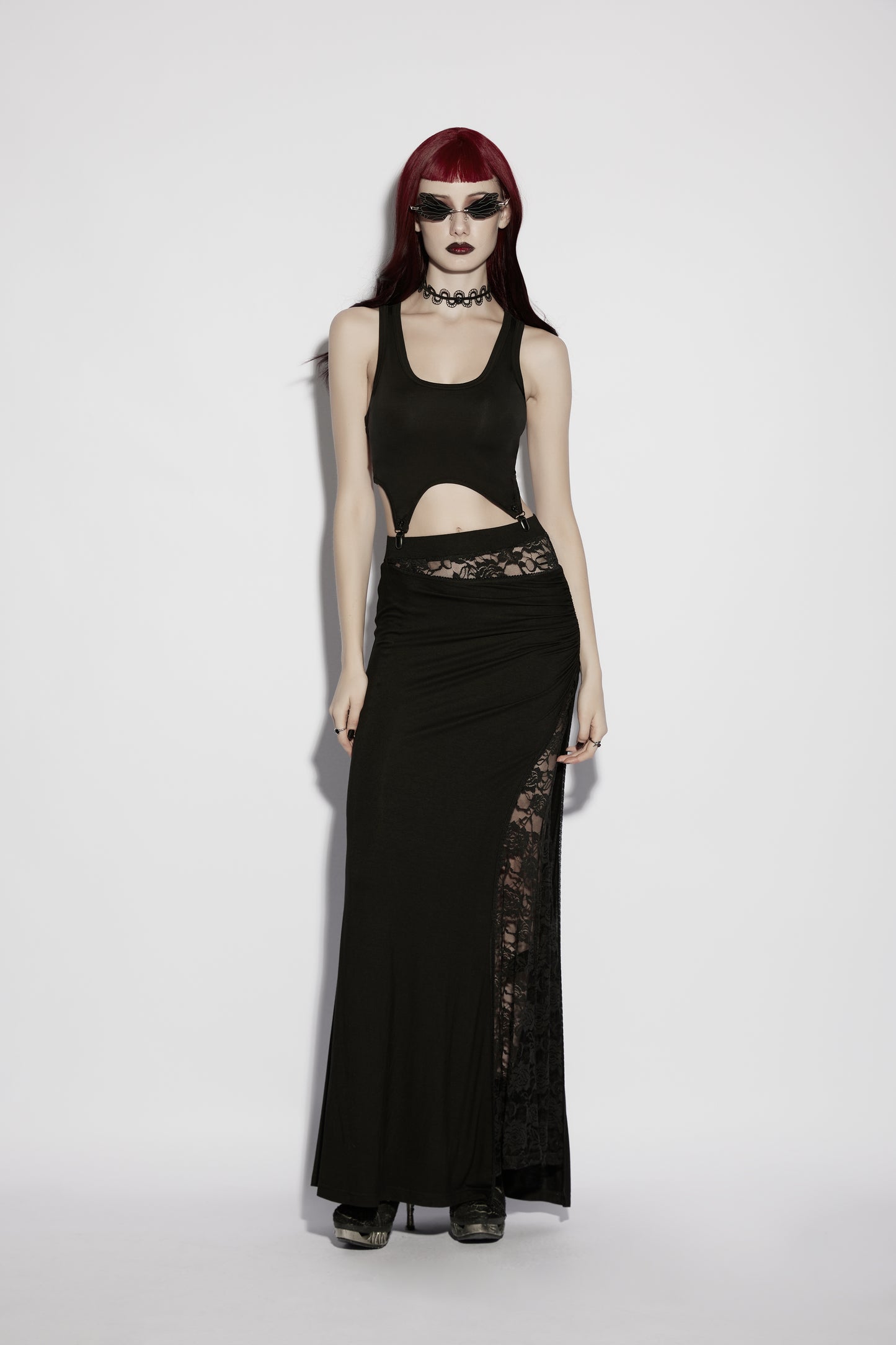 Dark academia maxi skirt with lace side split - full length view
