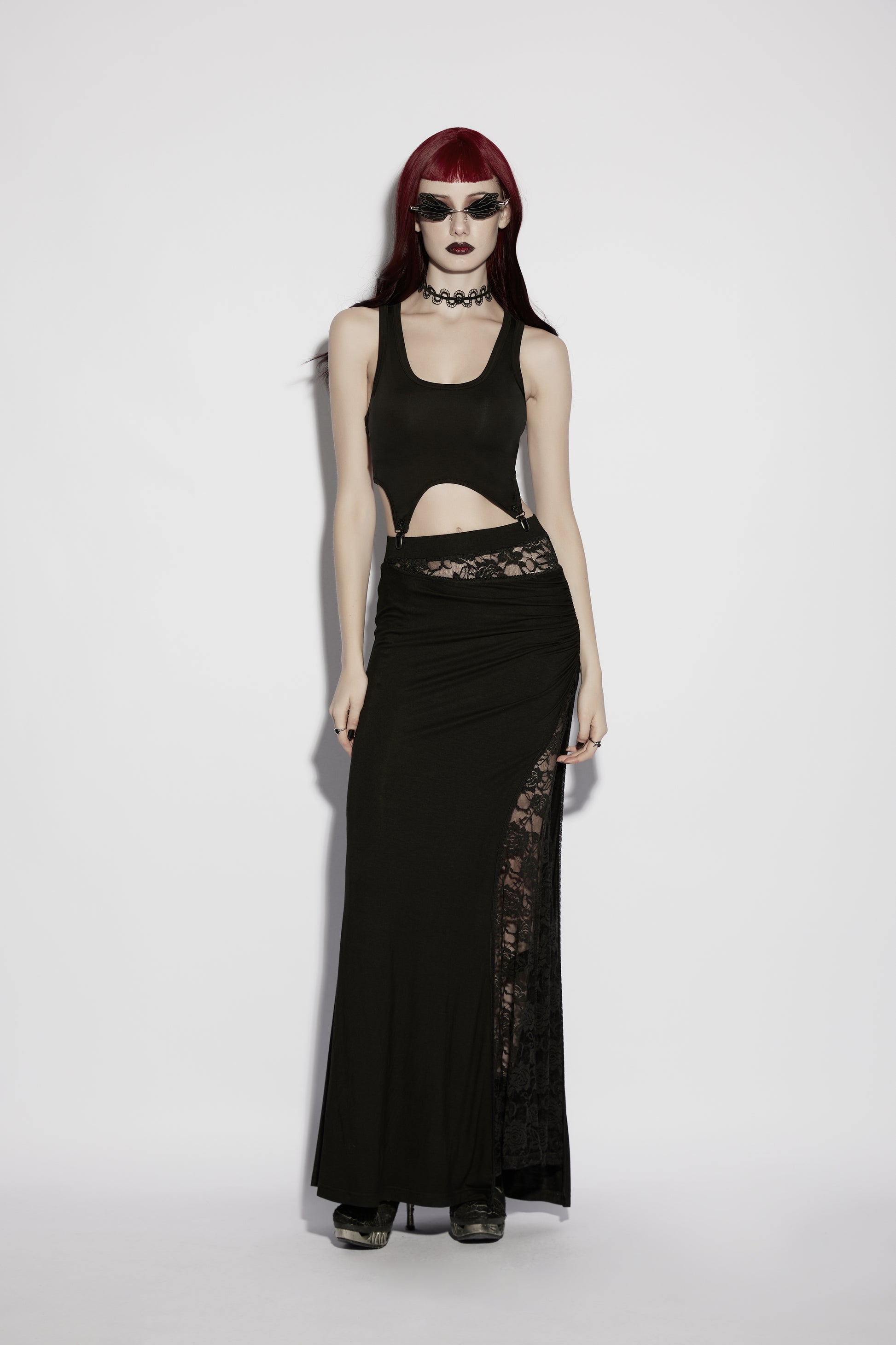 Dark academia maxi skirt with lace side split - full length view