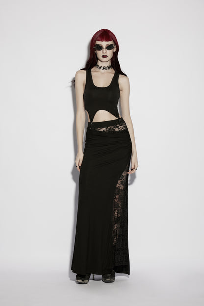 Dark academia maxi skirt with lace side split - full length view
